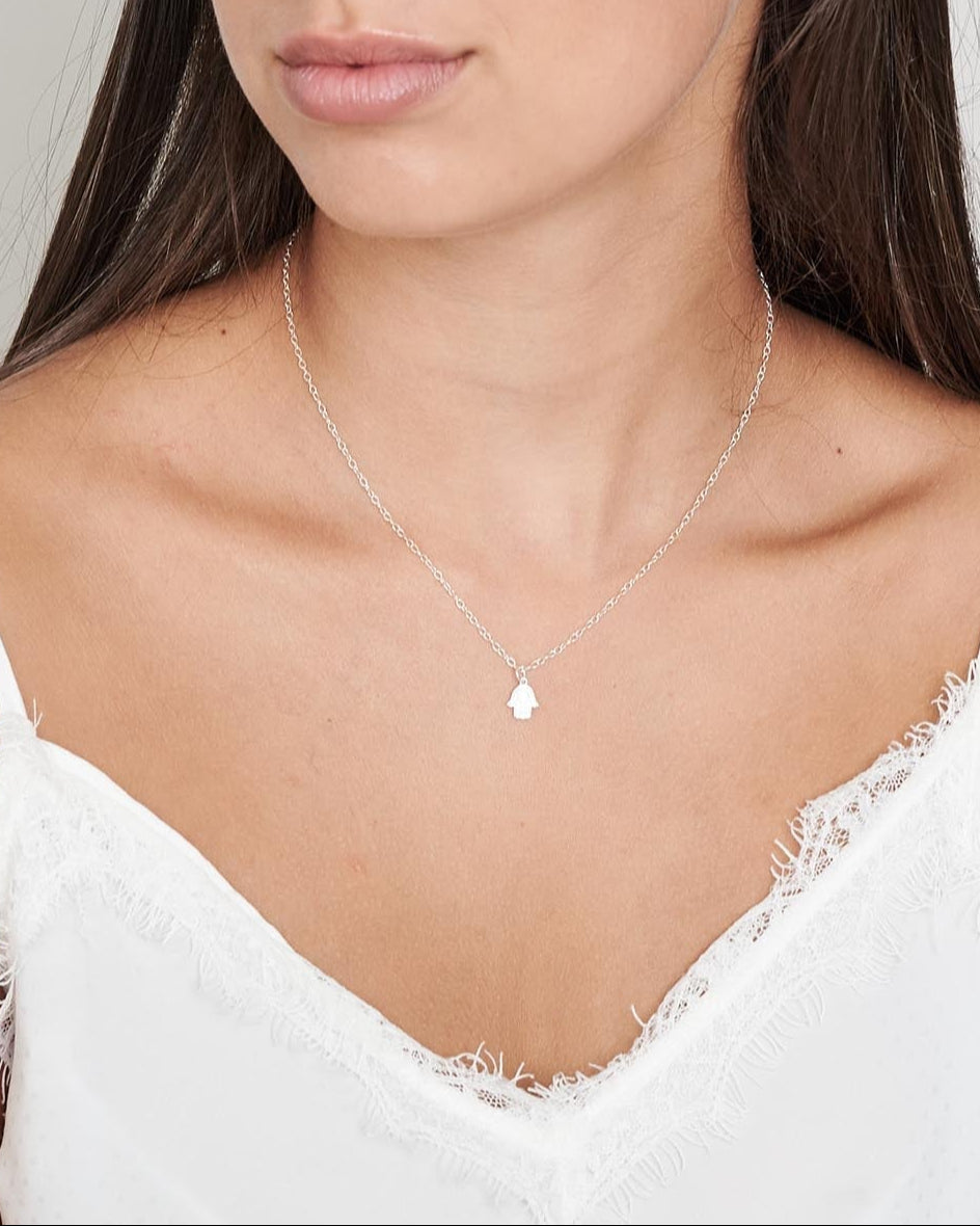 Sterling Silver CZ Hamsa Necklace - HLcollection - Handmade Gold and Silver Jewelry